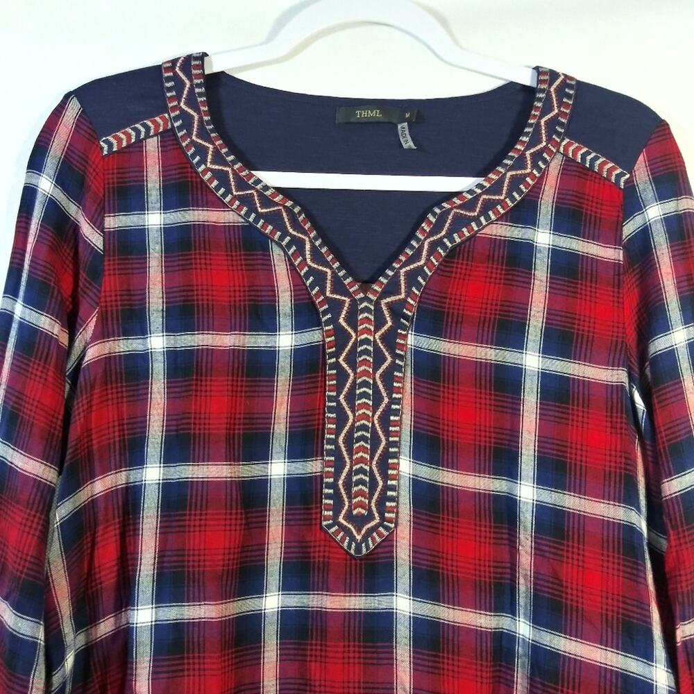 THML Red Blue Plaid Embroidered Western Pop Over Top Size M - Picture 4 of 8